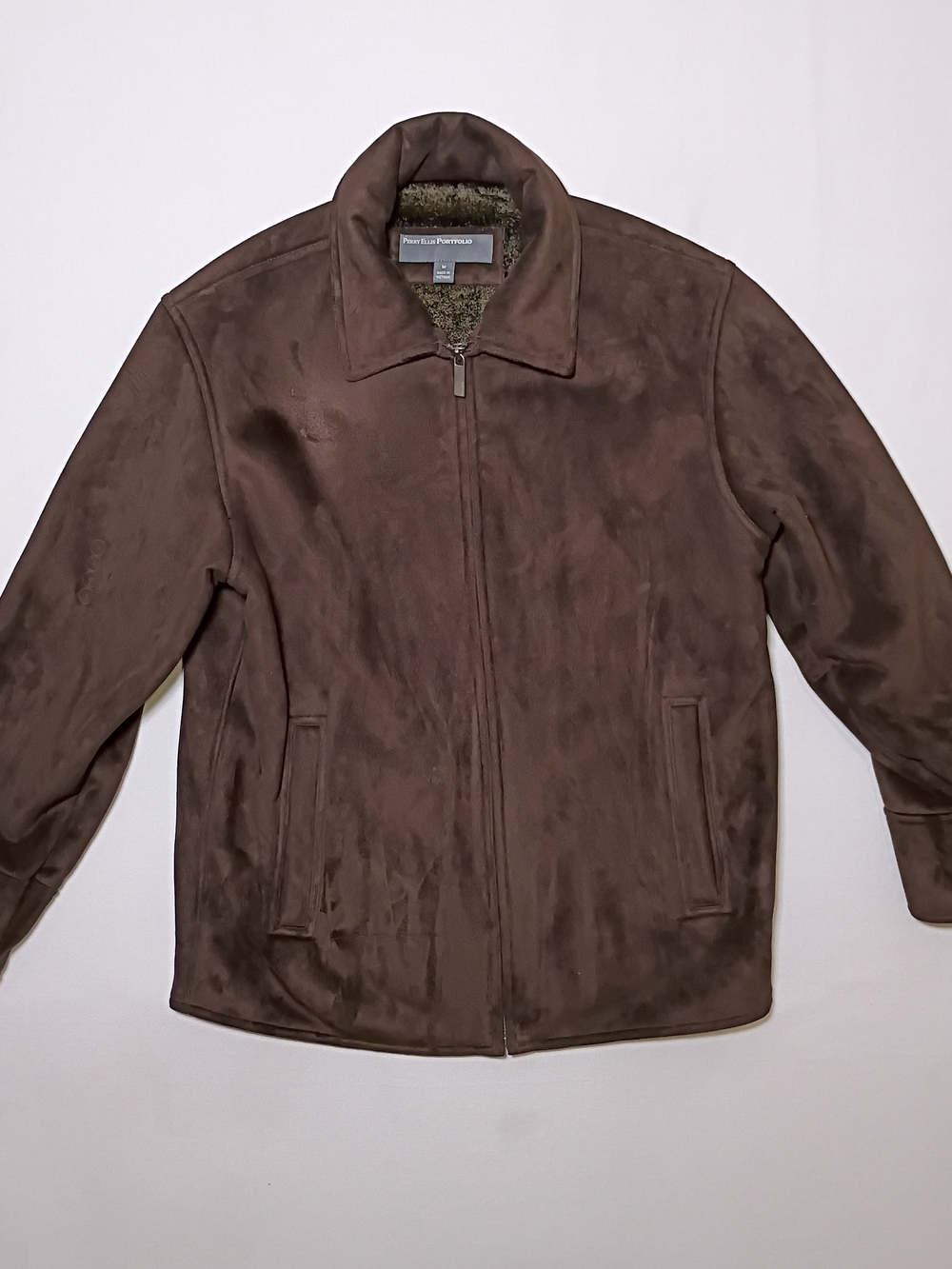 Perry Ellis Portfolio Faux Suede Jacket Medium Dark Chocolate Faux Fur Lined Zip